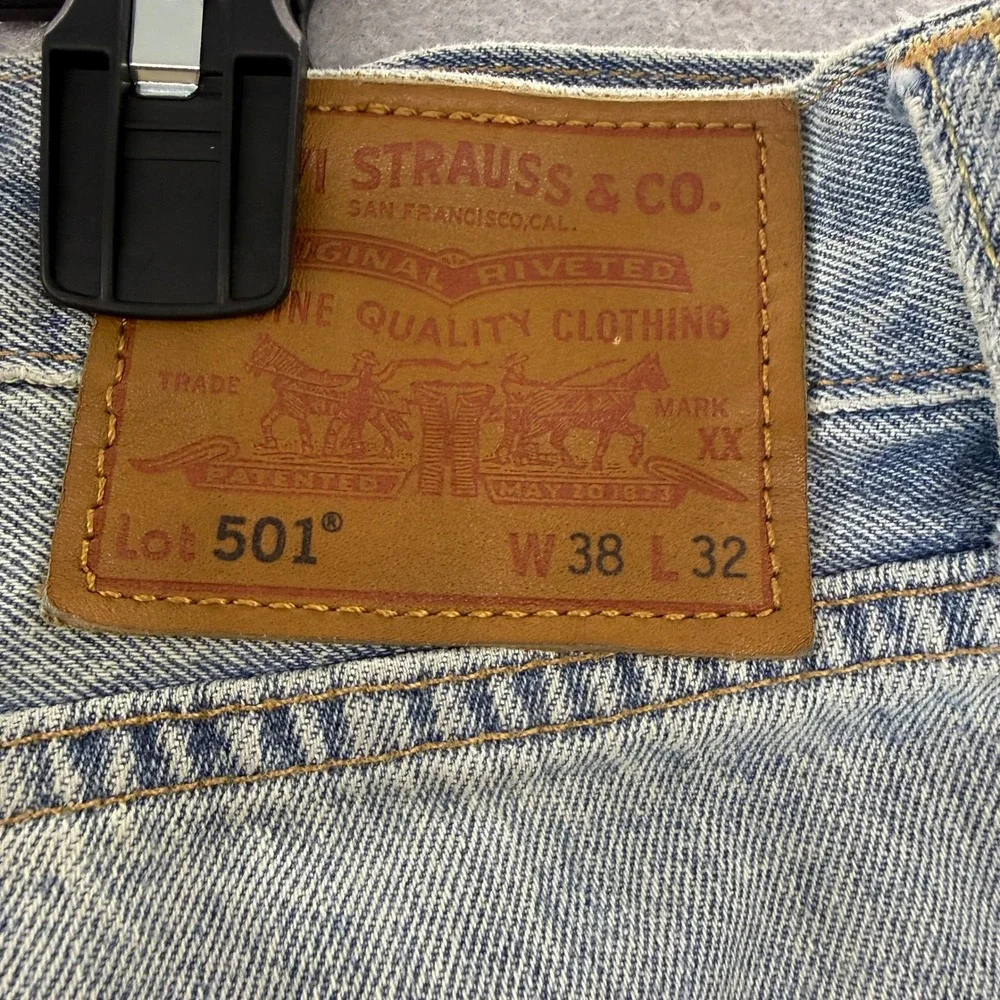 Levis Premium 501 Original Fit Patchwork Distressed Jeans Mens 38x32 Light Wash